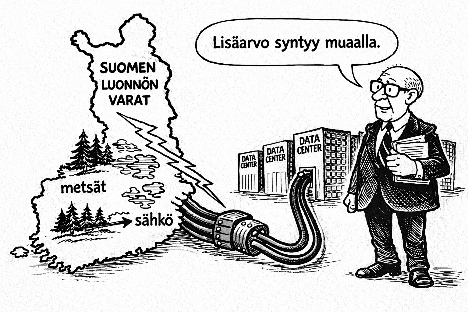 Lisäarvo syntyy muaalla — Suomen luonnonvarat, sähkö, metsät → datakeskukset