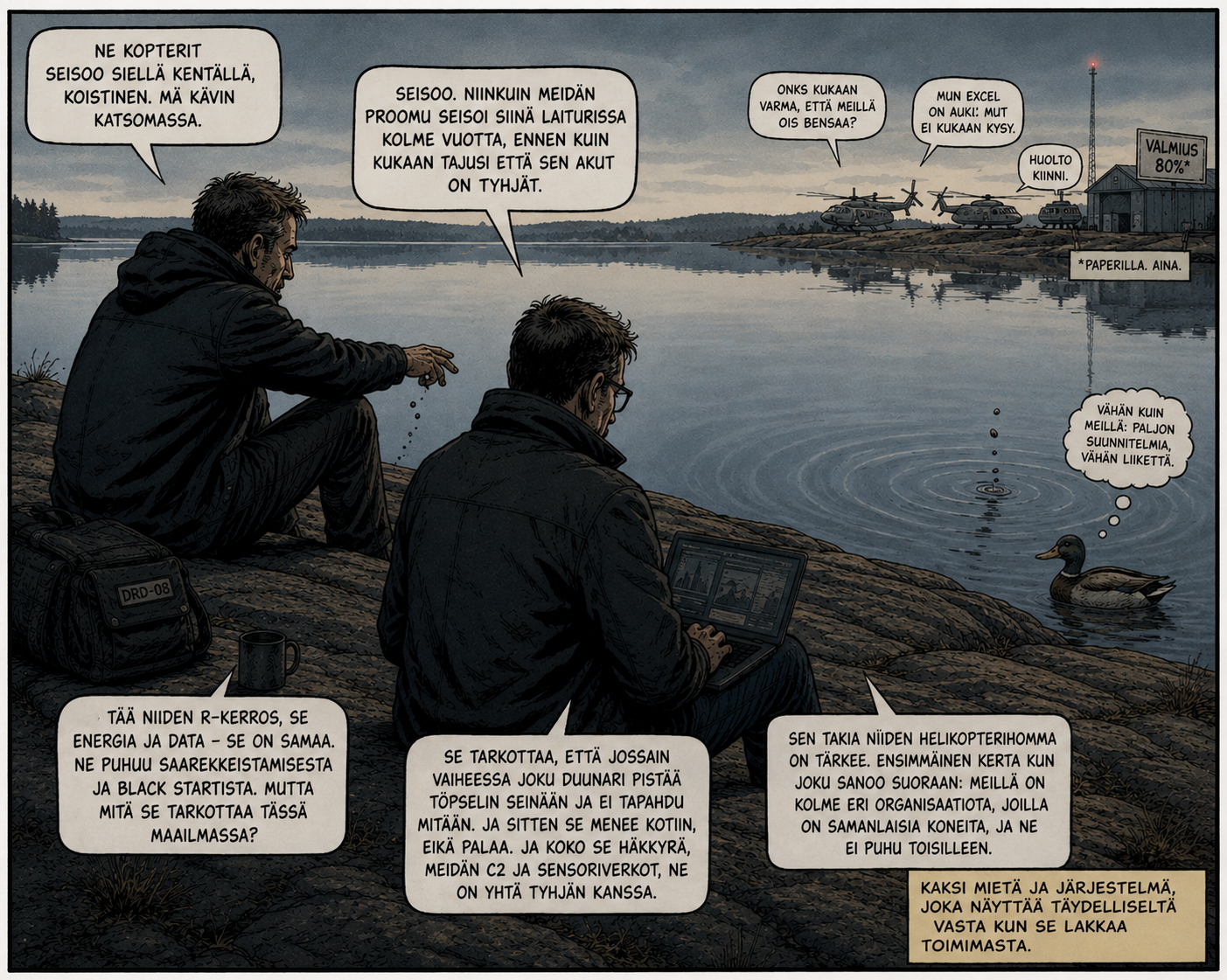 Vatanen ja Koistinen rantakalliolla, taustalla kopterit