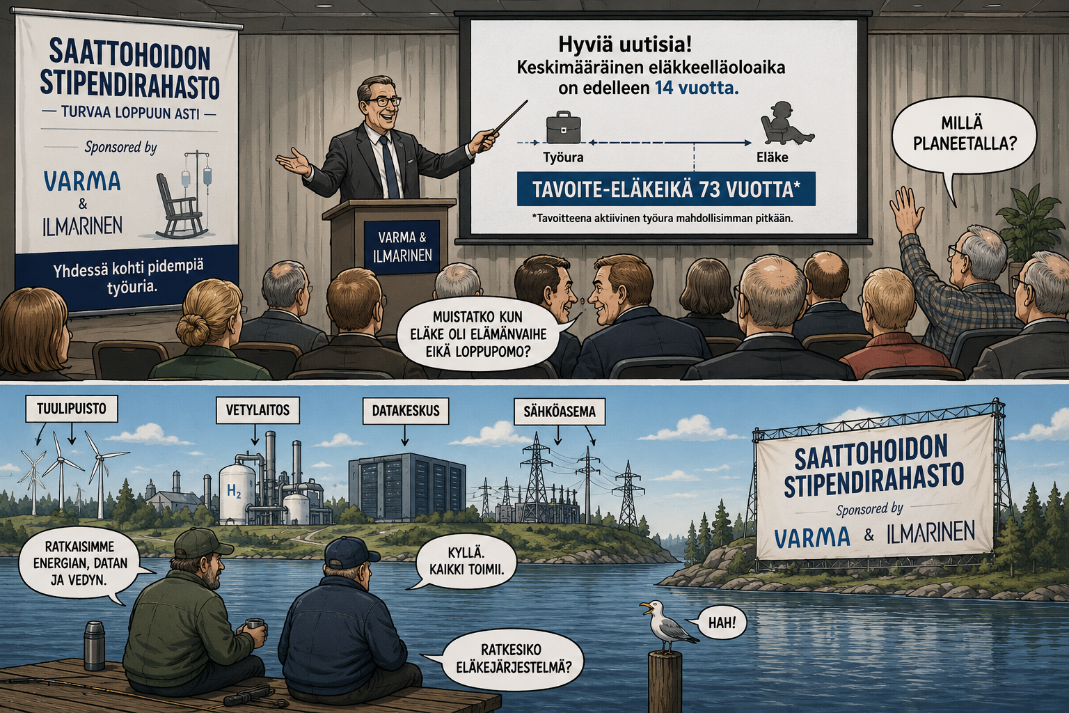 Sarjakuva: eläkekokous yläpaneelissa, Vatanen ja Koistinen laiturilla alhaalla. Lokki: Hah!